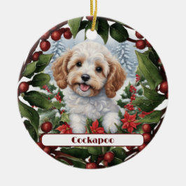 Vrolijke Gouden Cockapoo Puppy Aangepaste Kerstmis Keramisch Ornament