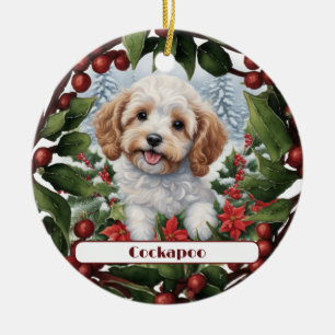 Vrolijke Gouden Cockapoo Puppy Aangepaste Kerstmis Keramisch Ornament