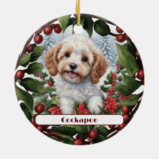 Vrolijke Gouden Cockapoo Puppy Aangepaste Kerstmis Keramisch Ornament (Achterkant)