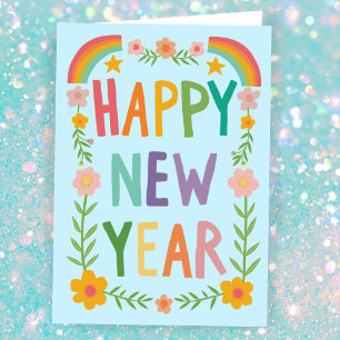 Vrolijke grillige HAPPY NEW YEAR Handlettering Kaart