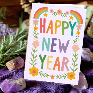 Vrolijke grillige HAPPY NEW YEAR Handlettering Kaart