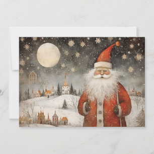 Vrolijke grillige kerstman in een besneeuwd dorp feestdagenkaart