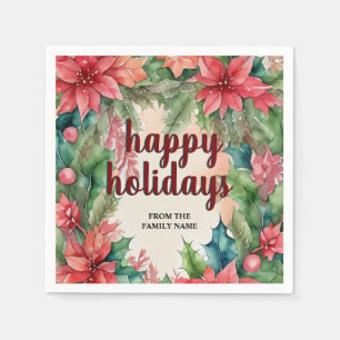 Vrolijke groene krans & rode poinsettia vakantie servet