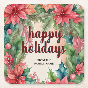 Vrolijke groene krans & rode poinsettia vakantie vierkante kartonnen onderzetter