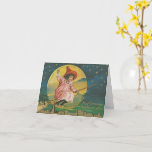 Vrolijke Halloween Roze Heks op Bezem Vintage Kaart