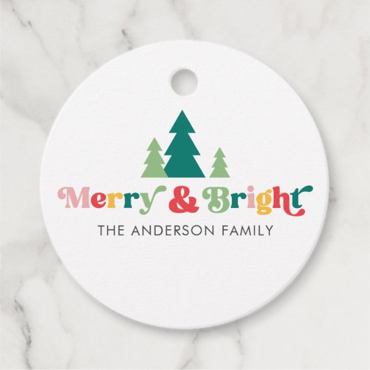 Vrolijke & heldere kerstbomen kleurrijke retro let bedankjes labels (Voorkant)