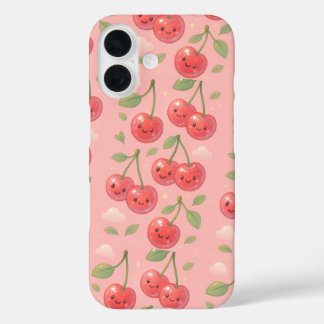 Vrolijke Kawaii Cherry Patroon Illustratie iPhone 16 Hoesje