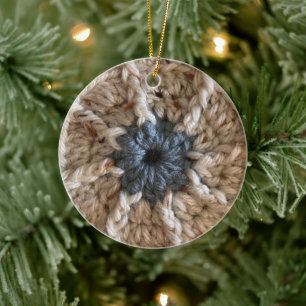 Vrolijke Kerst Beige Blauwe Garen Foto Crocheter Keramisch Ornament