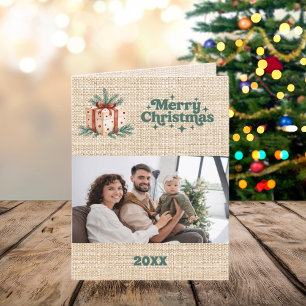 Vrolijke kerst beige jute foto jaar in de review feestdagen kaart