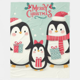 Vrolijke kerst besneeuwde pinguïns fleece deken