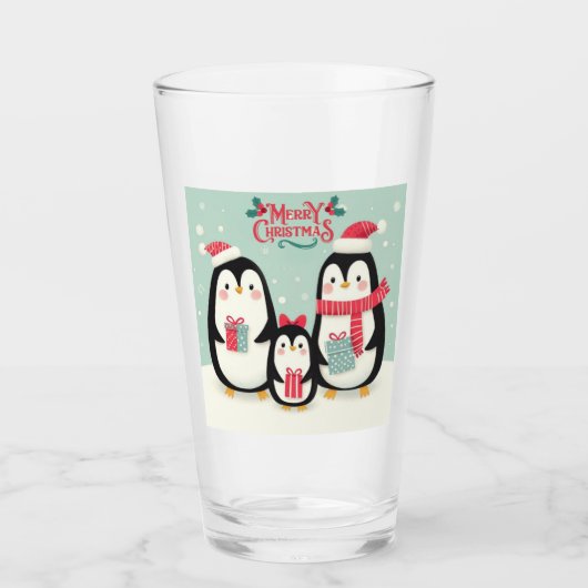 Vrolijke kerst besneeuwde pinguïns glas (Voorkant)