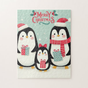 Vrolijke kerst besneeuwde pinguïns legpuzzel
