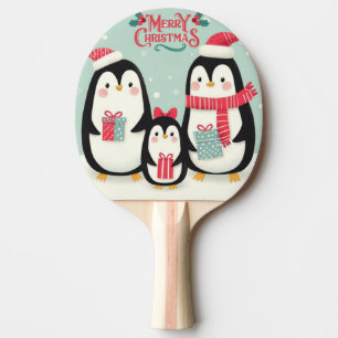 Vrolijke kerst besneeuwde pinguïns tafeltennisbatje