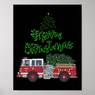 Vrolijke kerst brandweerwagen kerstboom licht op j poster