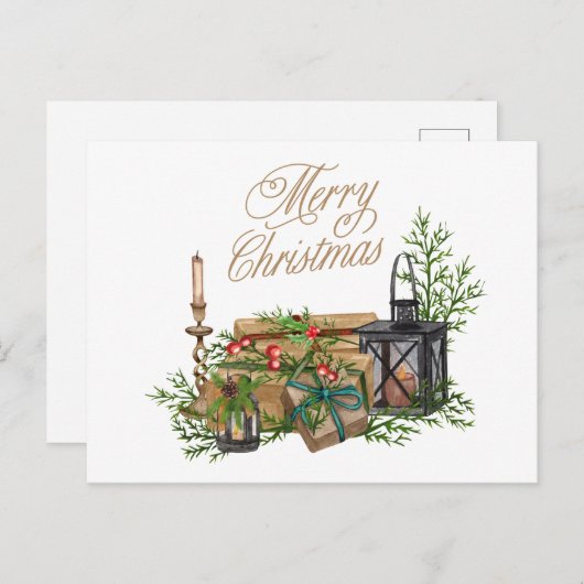 Vrolijke Kerst Cadeaus, Decor en kaarsen Feestdagenkaart (Voorkant / Achterkant)