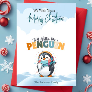 Vrolijke kerst cartooneske chillin als een pinguïn feestdagen kaart