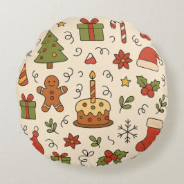 Vrolijke Kerst Doodle Patroon Rond Kussen