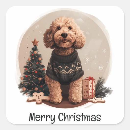 Vrolijke Kerst Goldendoodle Puppy Honden Vierkante Sticker (Voorkant)