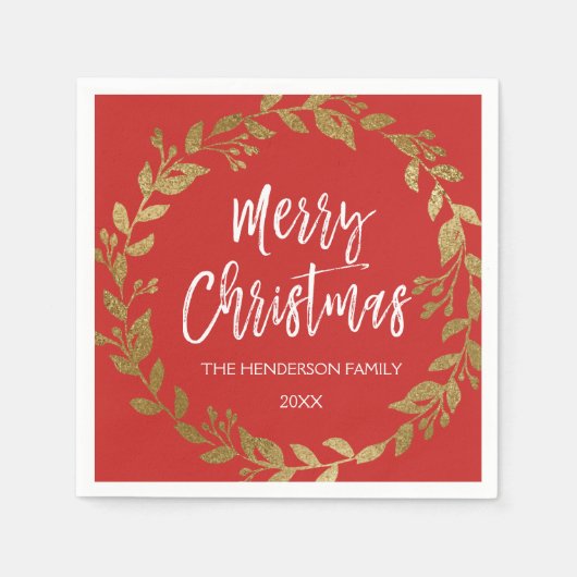 Vrolijke Kerst Gouden Folie Krans met Naam & Datum Servetten (Voorkant)