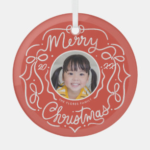 Vrolijke kerst grillige Doodle Foto Glas Ornament