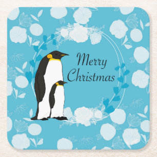 vrolijke kerst , kerst , pinguïn , bloemen vierkante kartonnen onderzetter