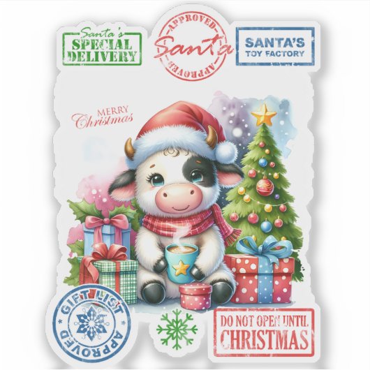 Vrolijke kerst Koe met cadeaus! Sticker (Voorkant)