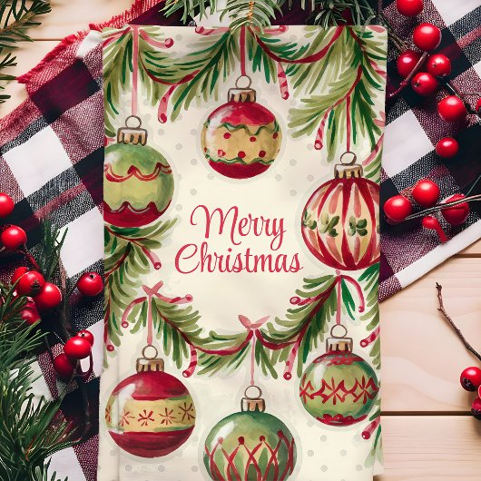 Vrolijke kerst Ornamenten en Pine Branches Theedoek