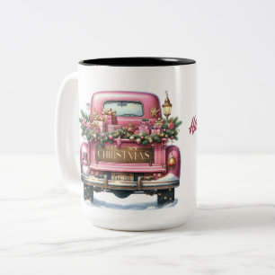Vrolijke kerst  Roze Truck Tweekleurige Koffiemok