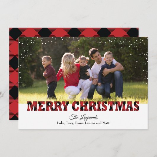 Vrolijke kerst sneeuw Kaart | Buffalo Plaid (Voorkant / Achterkant)