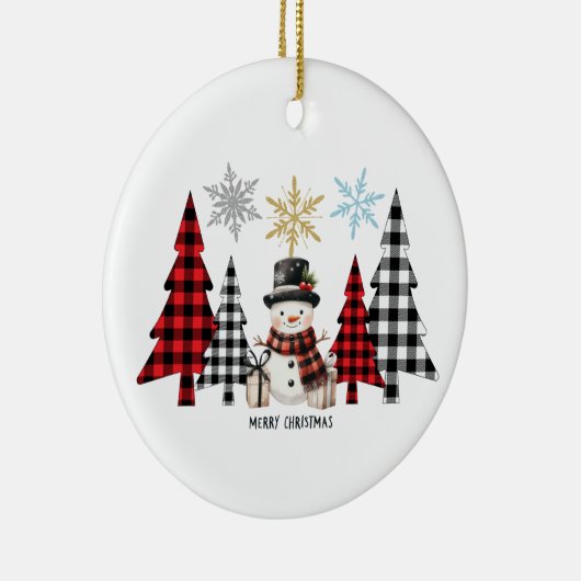 Vrolijke kerst sneeuwman Plaid kerstboom Keramisch Ornament (Rechts)