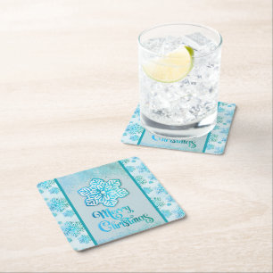 Vrolijke kerst sneeuwvlokken iriserend blauw vierkante kartonnen onderzetter