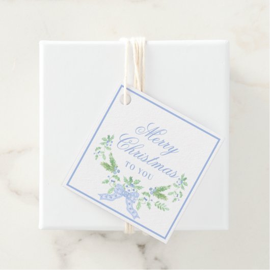 Vrolijke kerst swag met blauwe boog bedankjes labels (In situ)