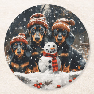 Vrolijke kerst teckel honden Sneeuwman Ronde Kartonnen Onderzetter