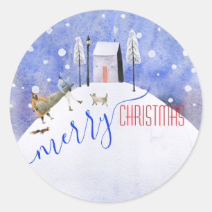 Vrolijke kerstavond Snowy Winter Scene Ronde Sticker