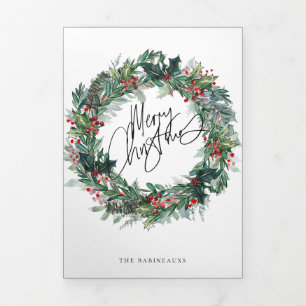 Vrolijke Kerstbessen Krans Vakantie Fotokaart Drieluik Uitnodiging