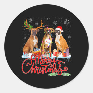 Vrolijke Kerstbokser Hond Santa Reindeer Light Xma Ronde Sticker