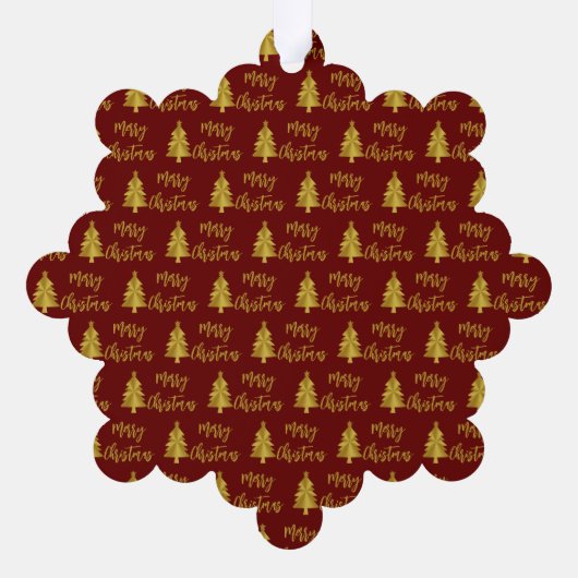 Vrolijke Kerstbomen Diep Rood en Goud Script Ornament Kaart (Achterkant)