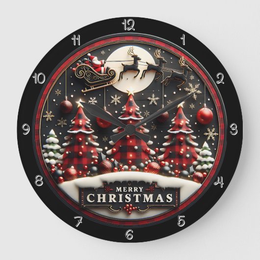 Vrolijke kerstbomen geplakt Santa Sleigh Grote Klok (Voorkant)
