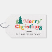 Vrolijke kerstbomen kleurrijke retro lettertype cadeaulabel (Achterkant Horizontaal)