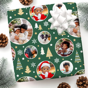 Vrolijke kerstbomen Sneeuwvlokken Foto Groen Cadeaupapier