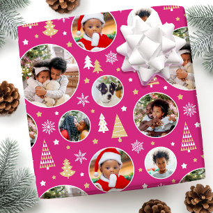 Vrolijke kerstbomen Sneeuwvlokken Foto Roze Cadeaupapier