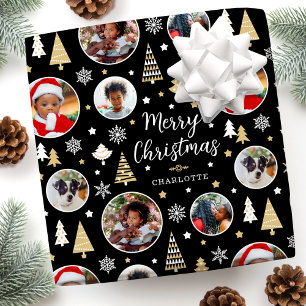 Vrolijke kerstbomen Sneeuwvlokken Foto Zwart Cadeaupapier