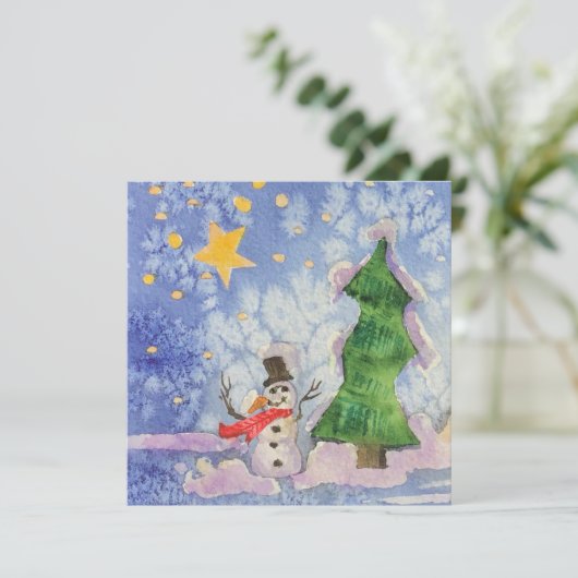 Vrolijke kerstboom en ijzige sneeuwman Waterverf Kaart (Staand voorkant)