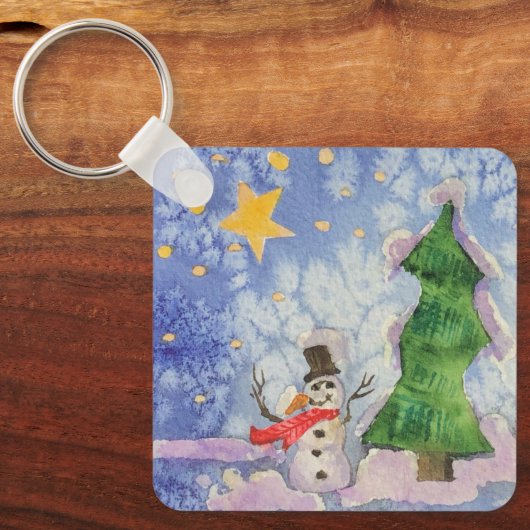 Vrolijke kerstboom en ijzige sneeuwman Waterverf Sleutelhanger (Voorkant)