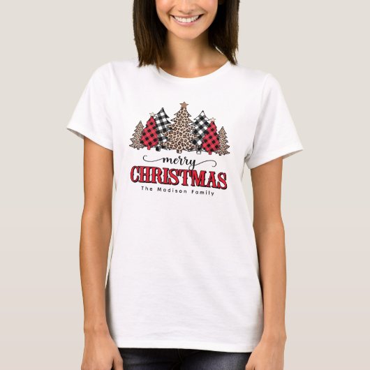 Vrolijke kerstboom Leopard & Buffalo Plaid T-shirt (Voorkant)