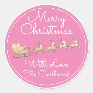 Vrolijke Kerstboom naam Santa Sleigh Herten Roze Ronde Sticker
