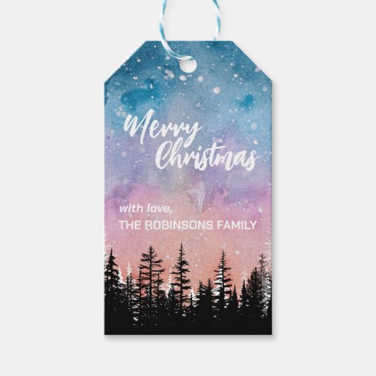 Vrolijke kerstboom Nacht gradiënt script bos Cadeaulabel (Voorkant)