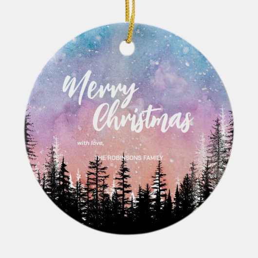 Vrolijke kerstboom Nacht gradiënt script bos Keramisch Ornament (Voorkant)