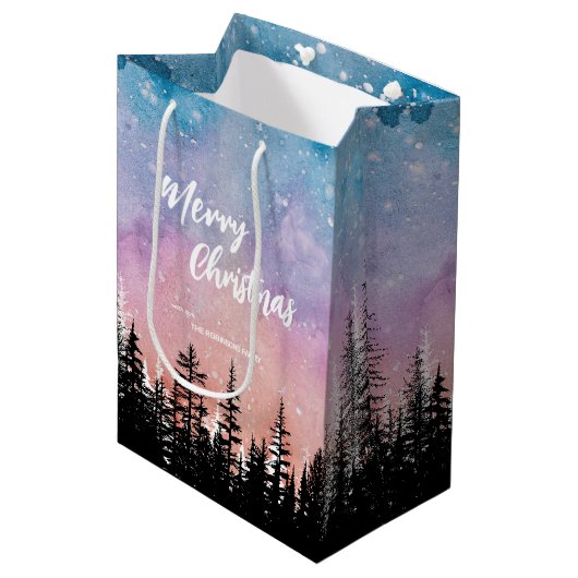 Vrolijke kerstboom Nacht gradiënt script bos Medium Cadeauzakje (Voorkant Gekanteld)