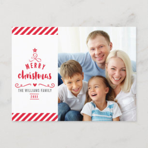 VROLIJKE KERSTBOOM typografie familie foto rood Feestdagenkaart